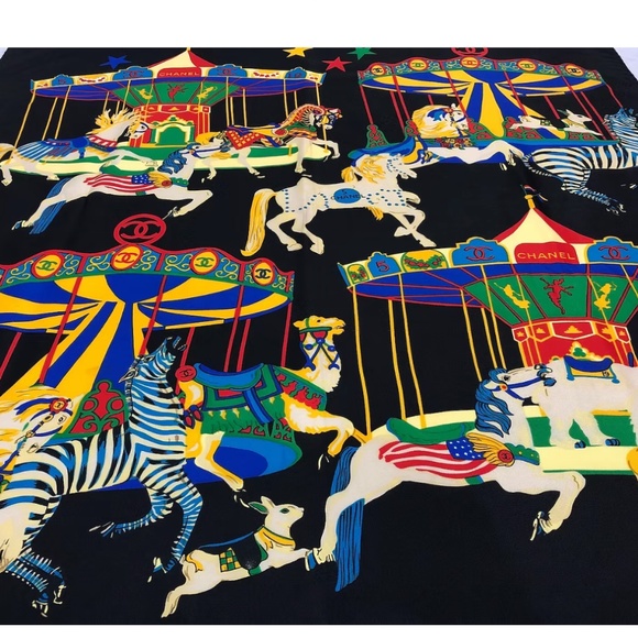 Chanel Vintage Carousel Print Silk Scarf – Black & Multicolor - Picture 4 of 5